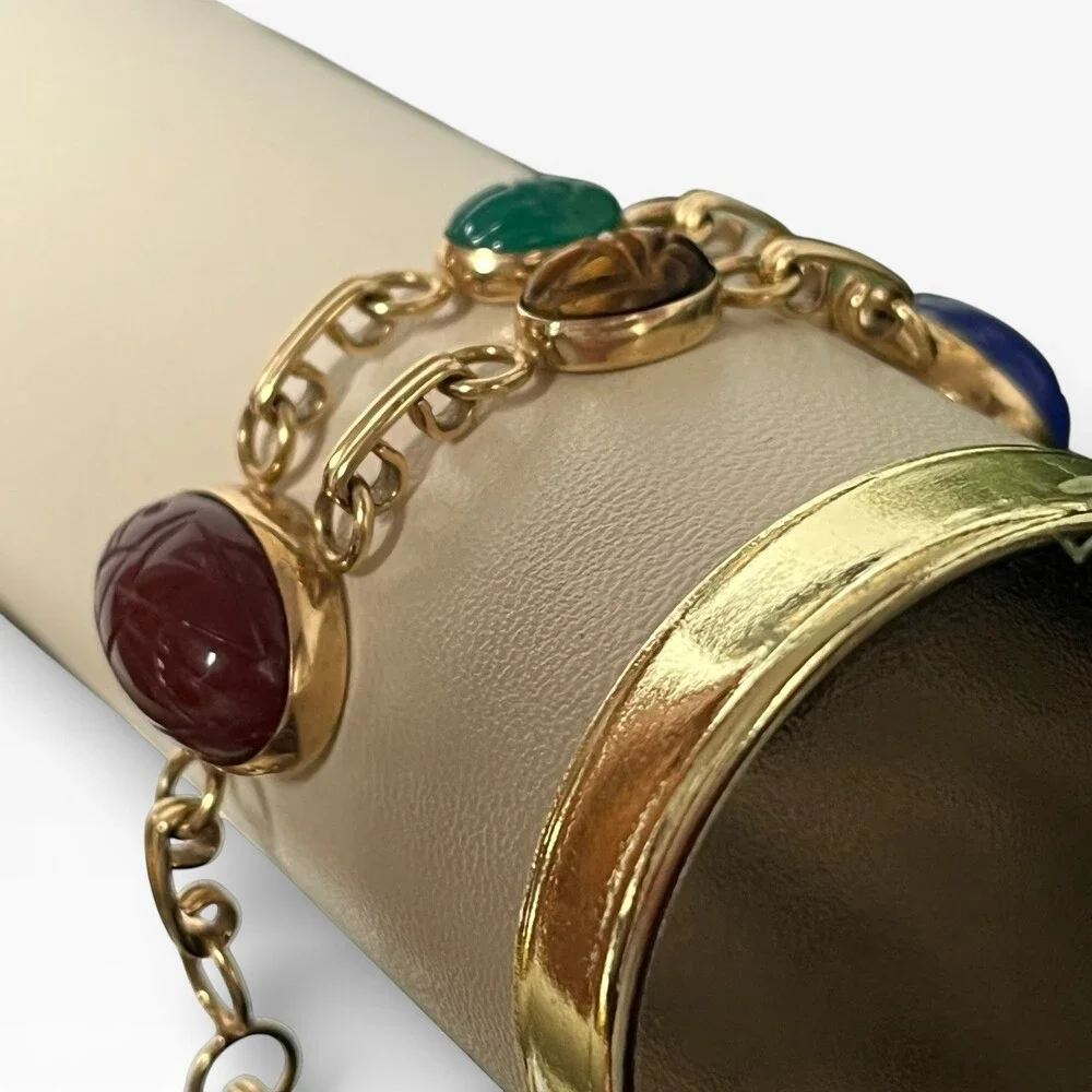 Vintage Carla 14k Yellow Gold Two Strands Multi Gemstone 10 Scarab Bracelet 7